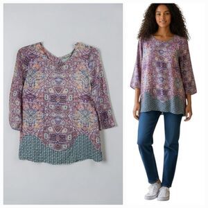 Anthropologie Maeve Silk Blouse 0 Pink Blue Geometric Mosaic Print Art Girl Chic